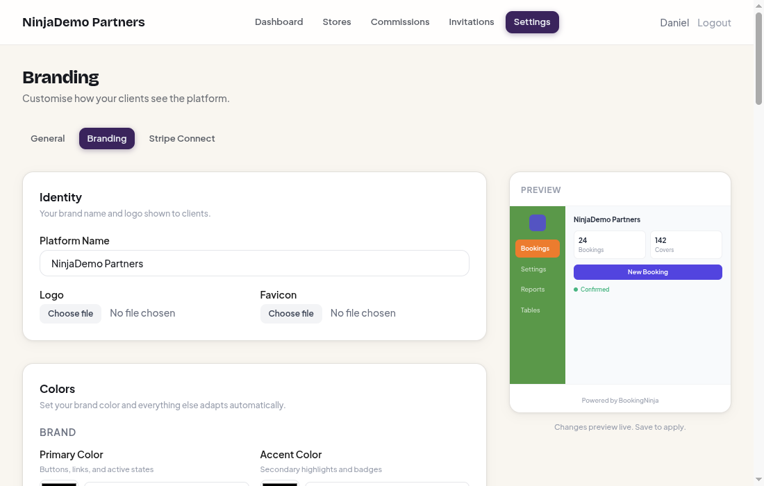 Branding settings page with logo, colours, fonts and live preview