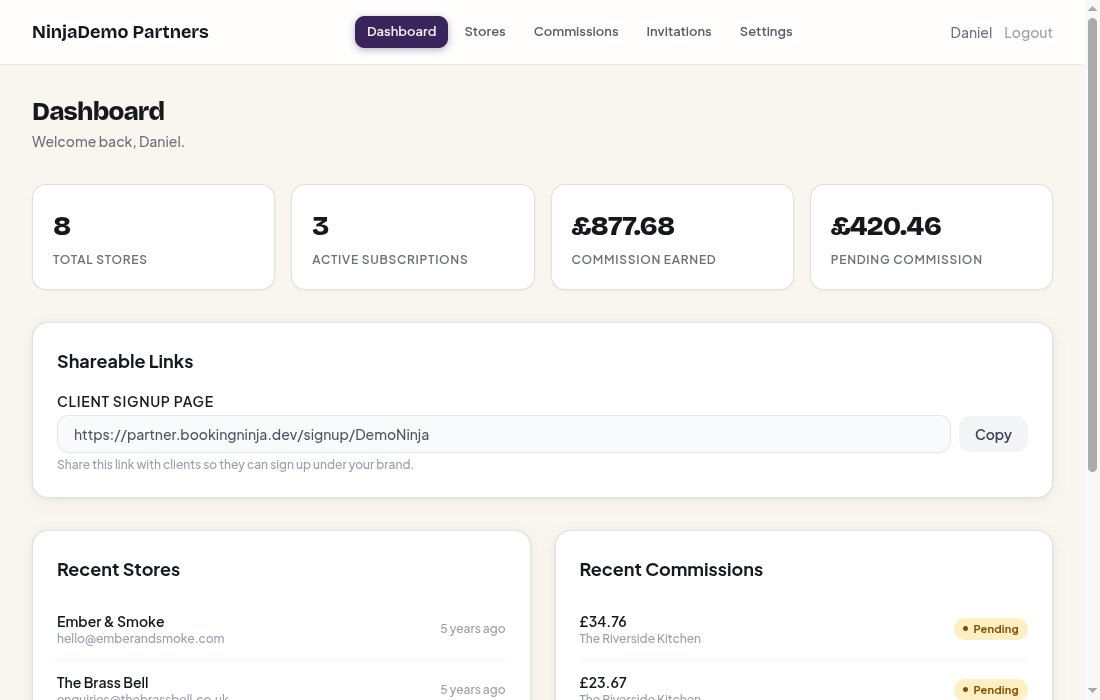 Partner portal dashboard showing stores, commissions and shareable links